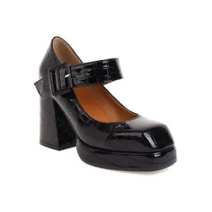 Women's Platform Pumps Crocodile Pattern Mary Janes Buckle Straps Block Chunky Heel