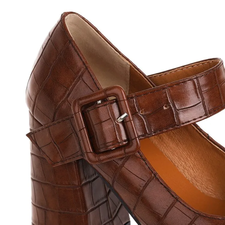 Women's Platform Pumps Crocodile Pattern Mary Janes Buckle Straps Block Chunky Heel