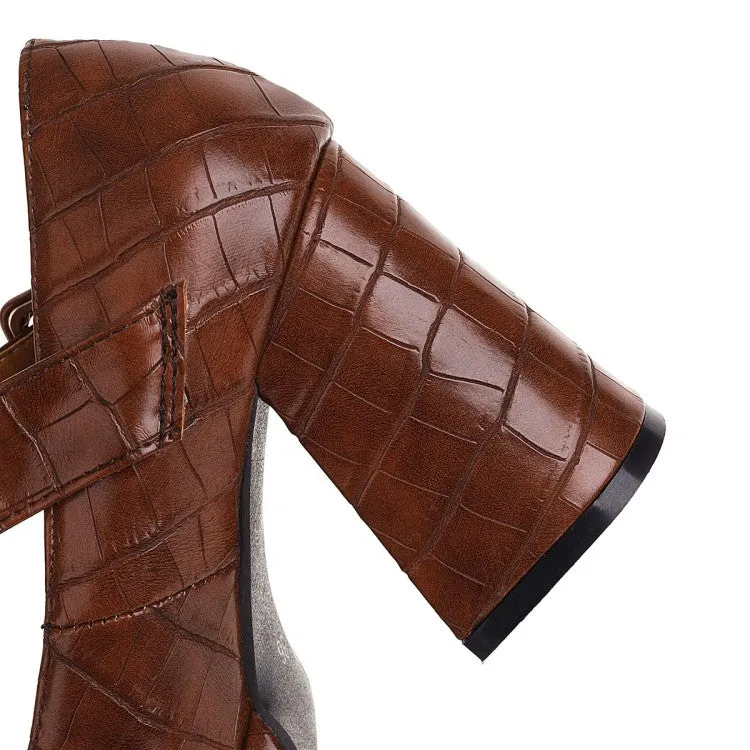 Women's Platform Pumps Crocodile Pattern Mary Janes Buckle Straps Block Chunky Heel