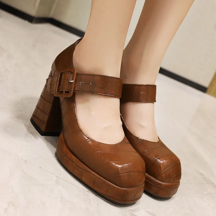 Women's Platform Pumps Crocodile Pattern Mary Janes Buckle Straps Block Chunky Heel