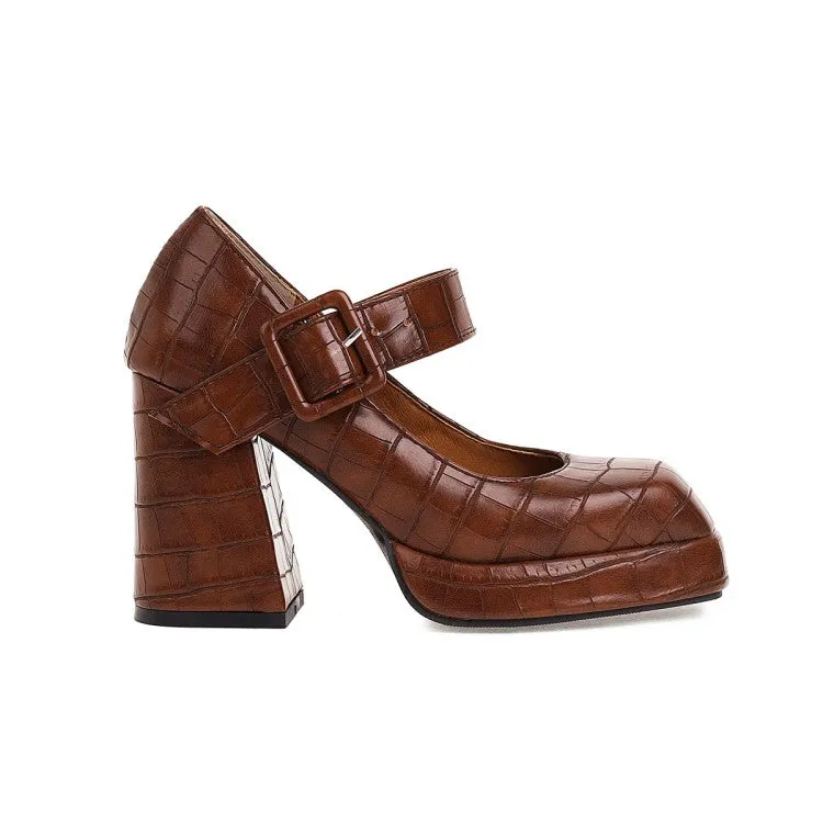 Women's Platform Pumps Crocodile Pattern Mary Janes Buckle Straps Block Chunky Heel