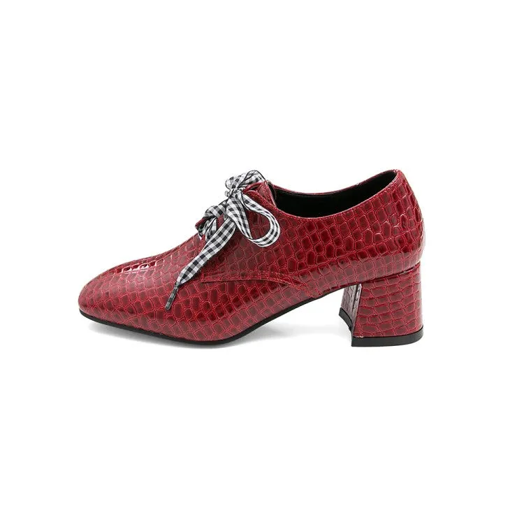 Women's Pu Leather Crocodile Pattern Square Toe Lace Up Block High Heel Shoes