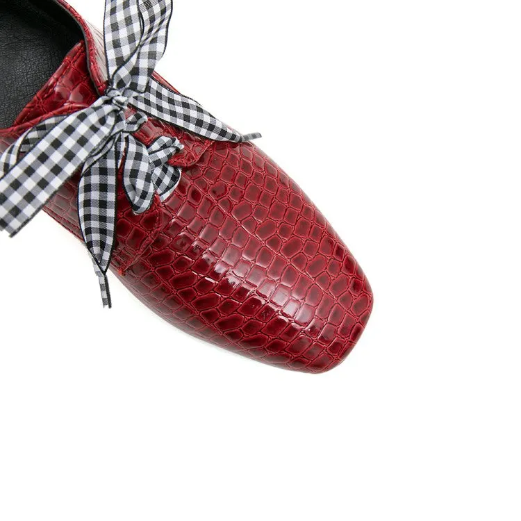 Women's Pu Leather Crocodile Pattern Square Toe Lace Up Block High Heel Shoes