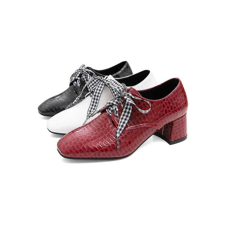 Women's Pu Leather Crocodile Pattern Square Toe Lace Up Block High Heel Shoes