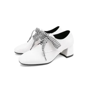 Women's Pu Leather Crocodile Pattern Square Toe Lace Up Block High Heel Shoes