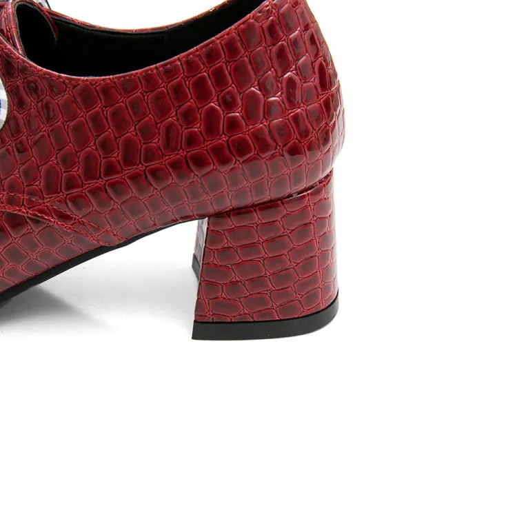 Women's Pu Leather Crocodile Pattern Square Toe Lace Up Block High Heel Shoes