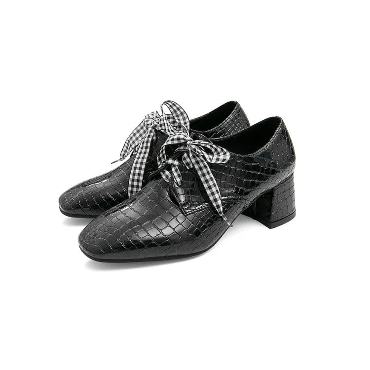 Women's Pu Leather Crocodile Pattern Square Toe Lace Up Block High Heel Shoes
