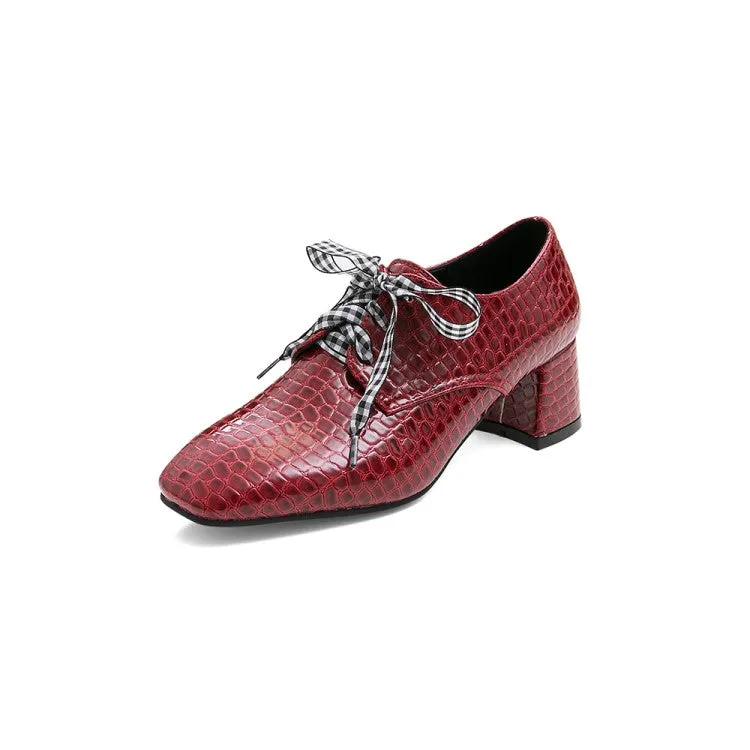 Women's Pu Leather Crocodile Pattern Square Toe Lace Up Block High Heel Shoes