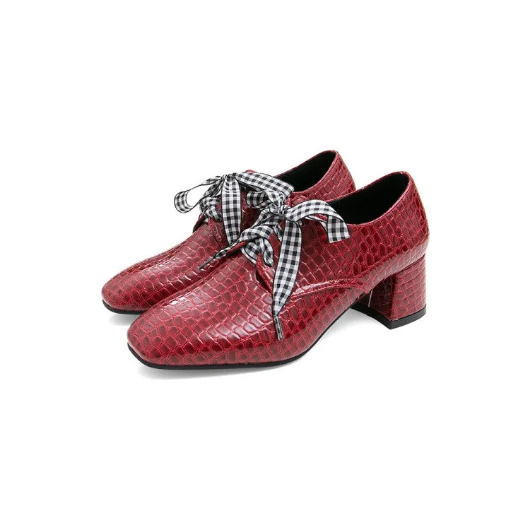 Women's Pu Leather Crocodile Pattern Square Toe Lace Up Block High Heel Shoes