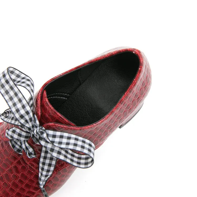 Women's Pu Leather Crocodile Pattern Square Toe Lace Up Block High Heel Shoes