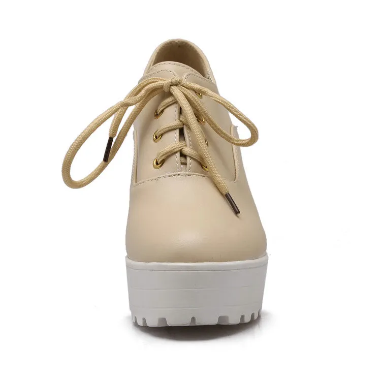 Women's Pu Leather Round Toe Lace Up Platform Block Chunky Heel