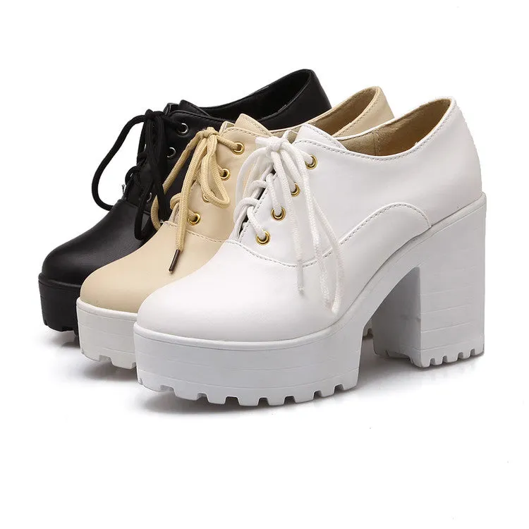 Women's Pu Leather Round Toe Lace Up Platform Block Chunky Heel