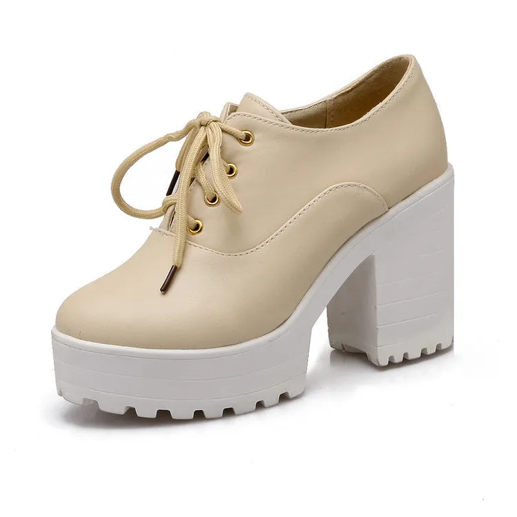 Women's Pu Leather Round Toe Lace Up Platform Block Chunky Heel