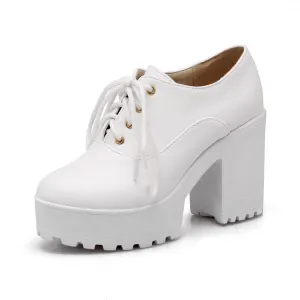 Women's Pu Leather Round Toe Lace Up Platform Block Chunky Heel