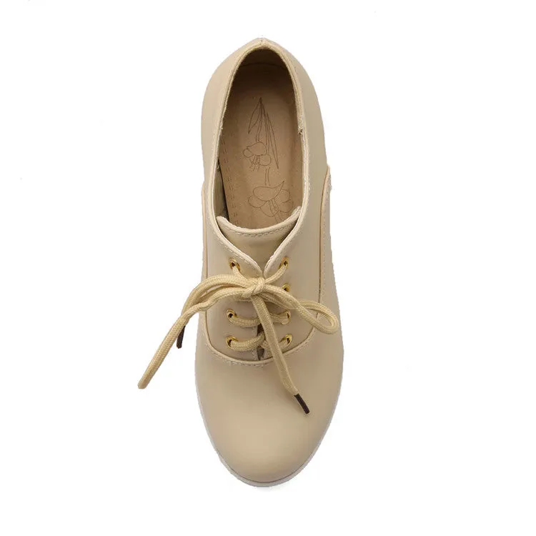 Women's Pu Leather Round Toe Lace Up Platform Block Chunky Heel