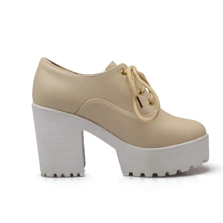 Women's Pu Leather Round Toe Lace Up Platform Block Chunky Heel