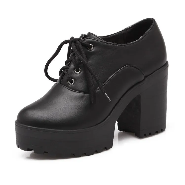Women's Pu Leather Round Toe Lace Up Platform Block Chunky Heel