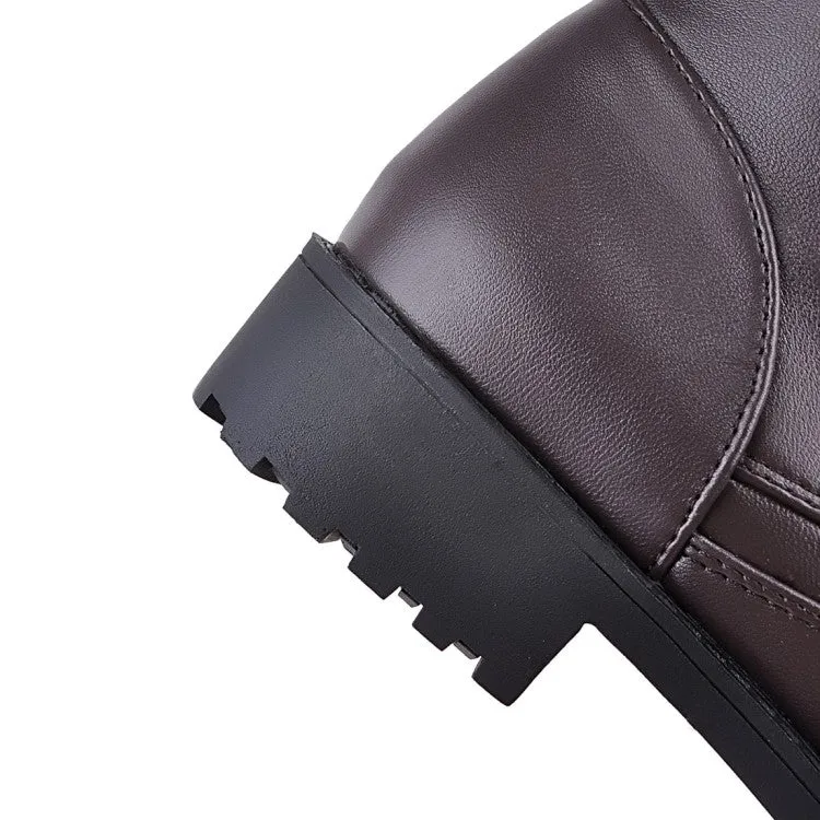 Women's Pu Leather Round Toe Low Heel Lace Up Knee High Boots