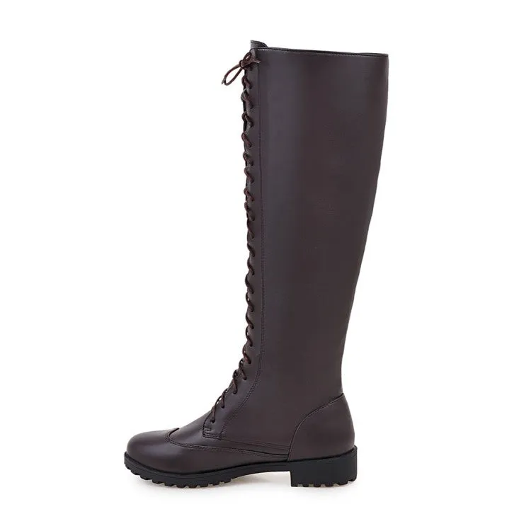 Women's Pu Leather Round Toe Low Heel Lace Up Knee High Boots