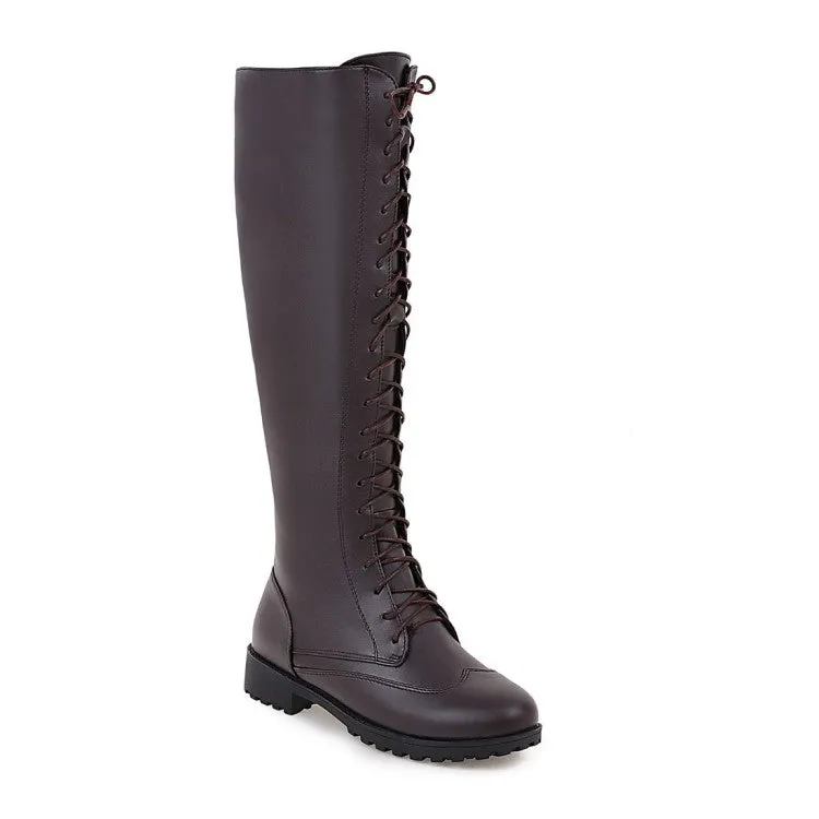 Women's Pu Leather Round Toe Low Heel Lace Up Knee High Boots