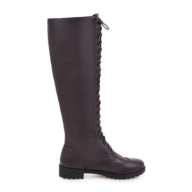 Women's Pu Leather Round Toe Low Heel Lace Up Knee High Boots