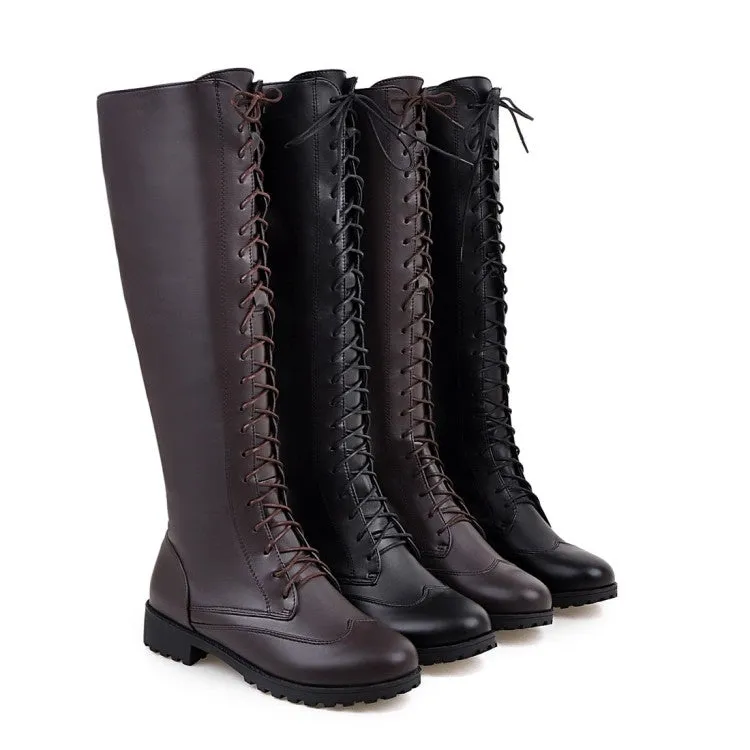 Women's Pu Leather Round Toe Low Heel Lace Up Knee High Boots