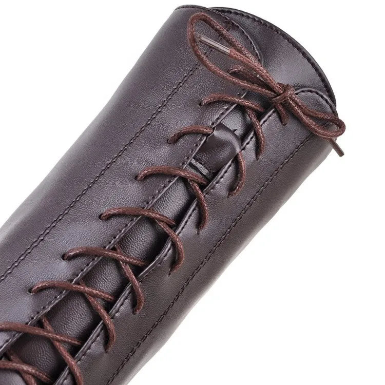Women's Pu Leather Round Toe Low Heel Lace Up Knee High Boots