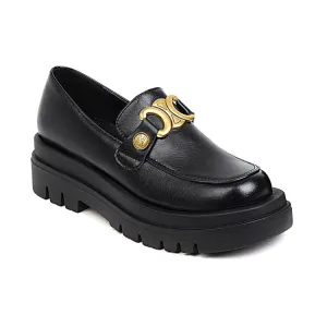Women's Pu Leather Round Toe Metal Platform Block Heel Shoes