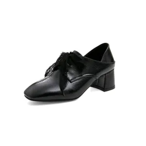Women's Pu Leather Square Toe Stitching Lace Up Block Heel Shoes