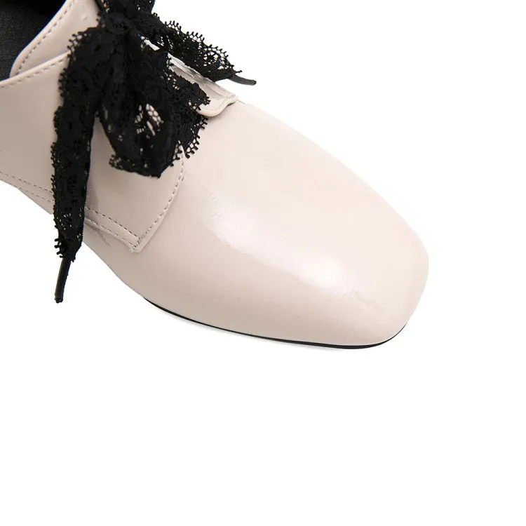 Women's Pu Leather Square Toe Stitching Lace Up Block Heel Shoes