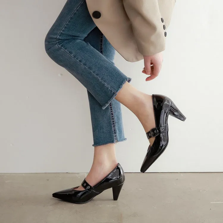 Women's Pumps Glossy Pointed Toe Mary Janes Buckle Straps Cone Heel