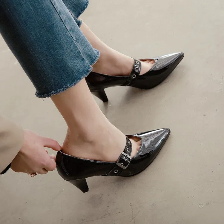 Women's Pumps Glossy Pointed Toe Mary Janes Buckle Straps Cone Heel