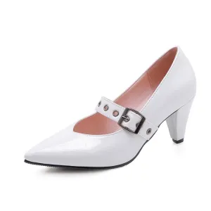 Women's Pumps Glossy Pointed Toe Mary Janes Buckle Straps Cone Heel
