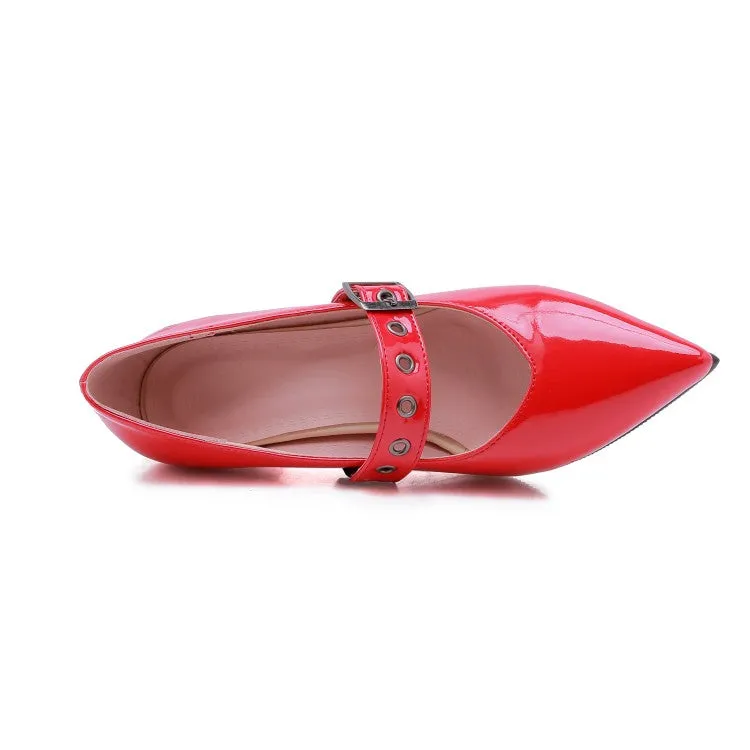 Women's Pumps Glossy Pointed Toe Mary Janes Buckle Straps Cone Heel