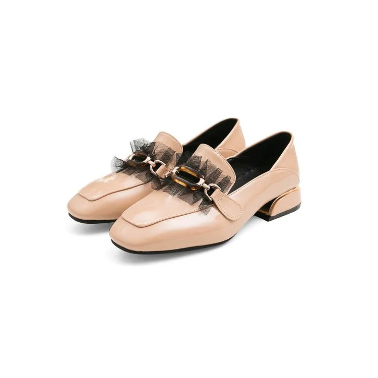 Women's Pumps Pu Leather Square Toe Metal Buckles Lace Puppy Heel Shoes