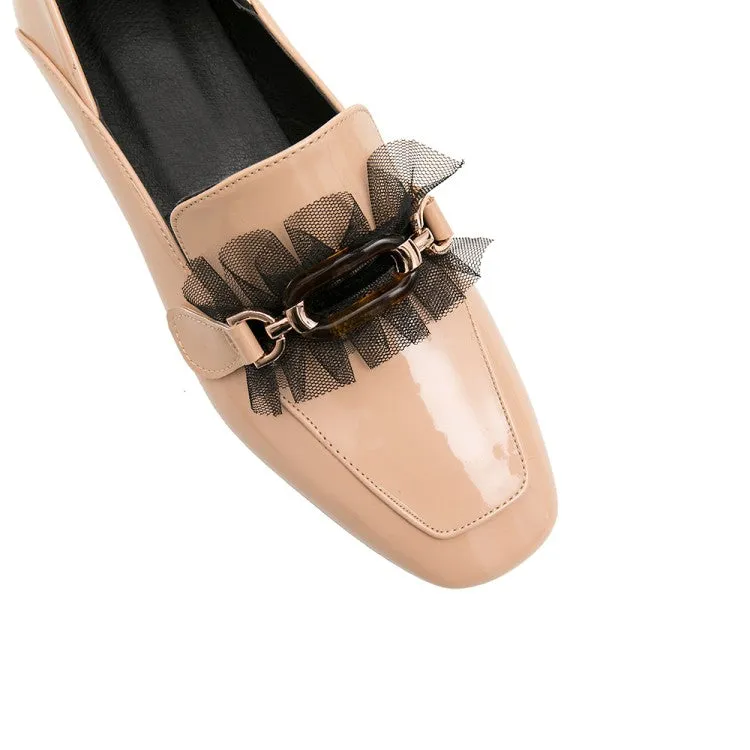 Women's Pumps Pu Leather Square Toe Metal Buckles Lace Puppy Heel Shoes