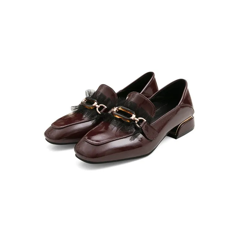 Women's Pumps Pu Leather Square Toe Metal Buckles Lace Puppy Heel Shoes
