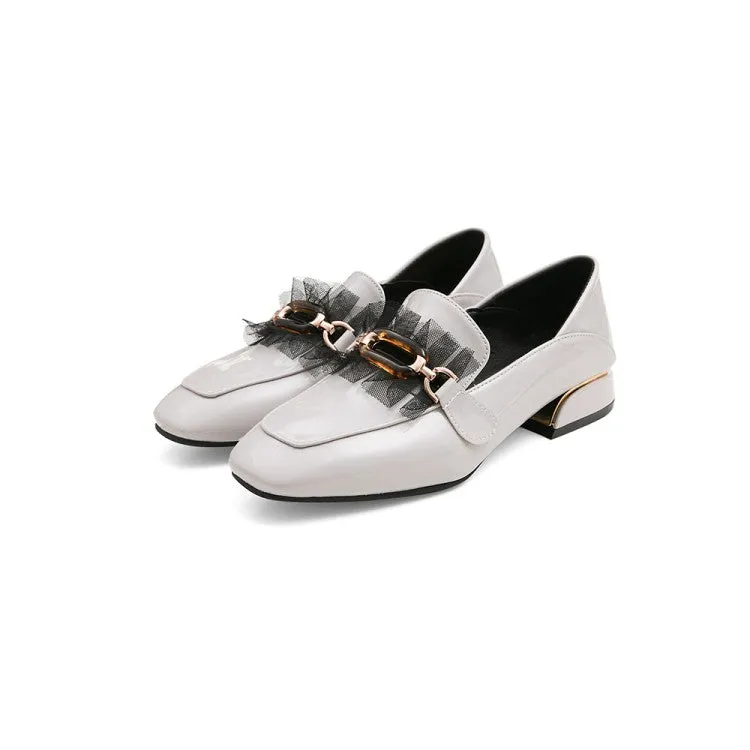 Women's Pumps Pu Leather Square Toe Metal Buckles Lace Puppy Heel Shoes