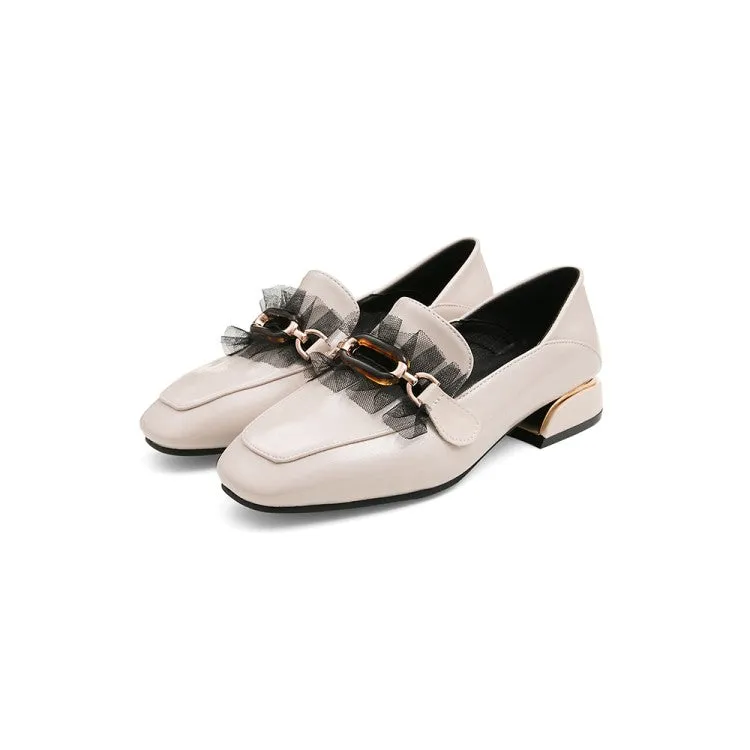 Women's Pumps Pu Leather Square Toe Metal Buckles Lace Puppy Heel Shoes