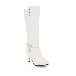 Women's Rivets Rhinestone Buckle Straps Side Zippers Kitten Heel Knee High Boots