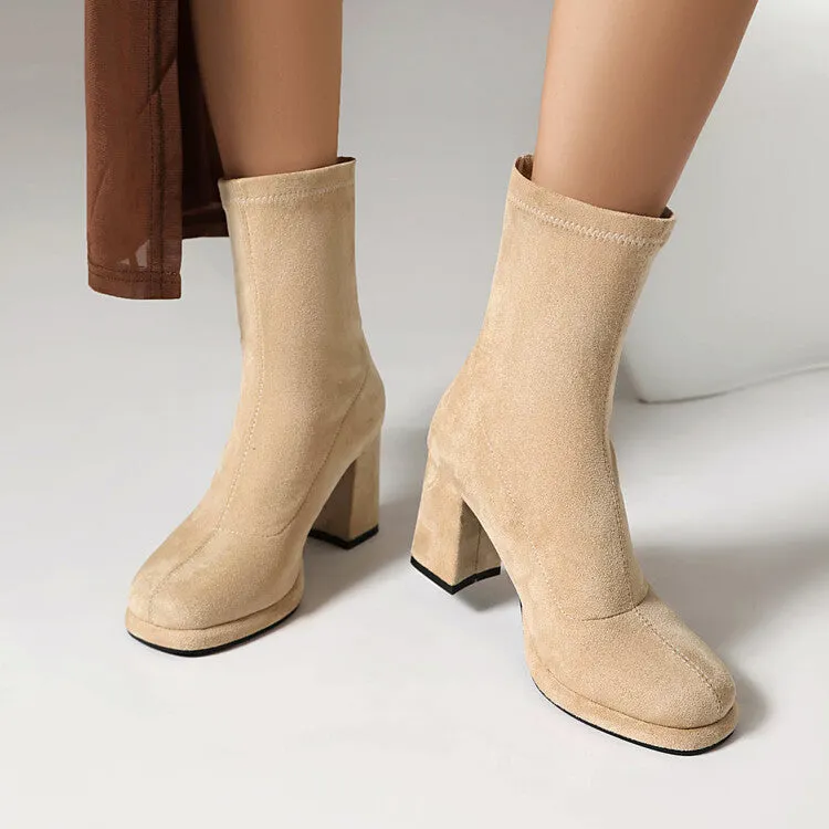 Women's Round Toe Square Heel Platform Short Boots
