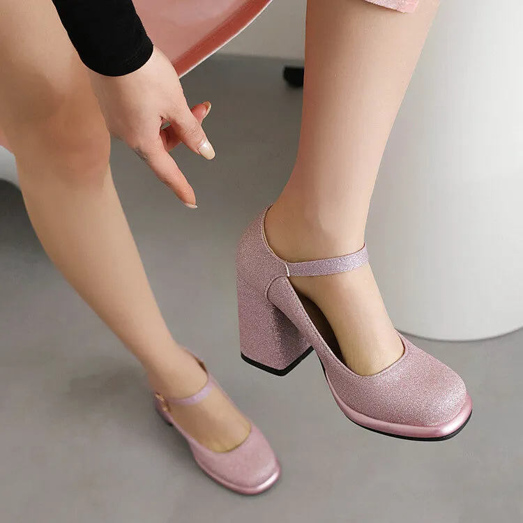 Women's Sequins Square Toe Shallow Mary Janes Block Chunky Heel Platform Pumps
