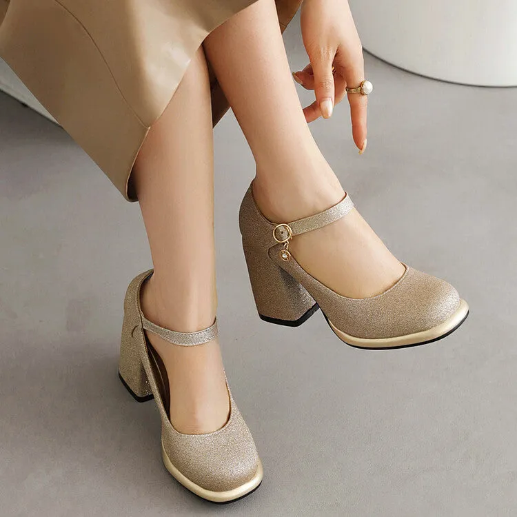 Women's Sequins Square Toe Shallow Mary Janes Block Chunky Heel Platform Pumps