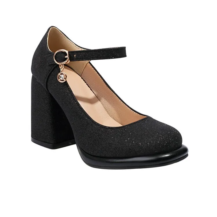 Women's Sequins Square Toe Shallow Mary Janes Block Chunky Heel Platform Pumps