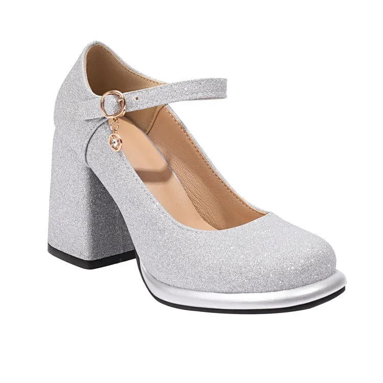 Women's Sequins Square Toe Shallow Mary Janes Block Chunky Heel Platform Pumps