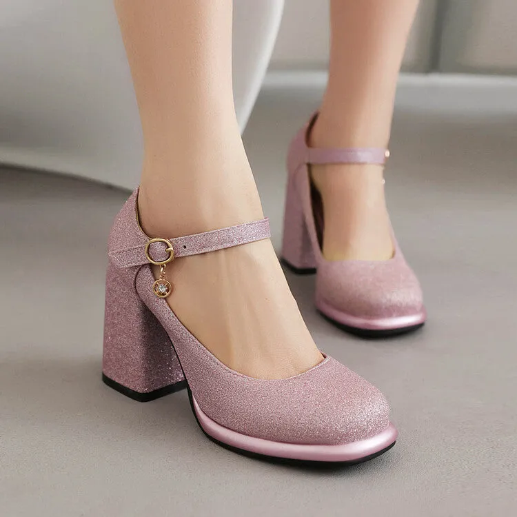 Women's Sequins Square Toe Shallow Mary Janes Block Chunky Heel Platform Pumps