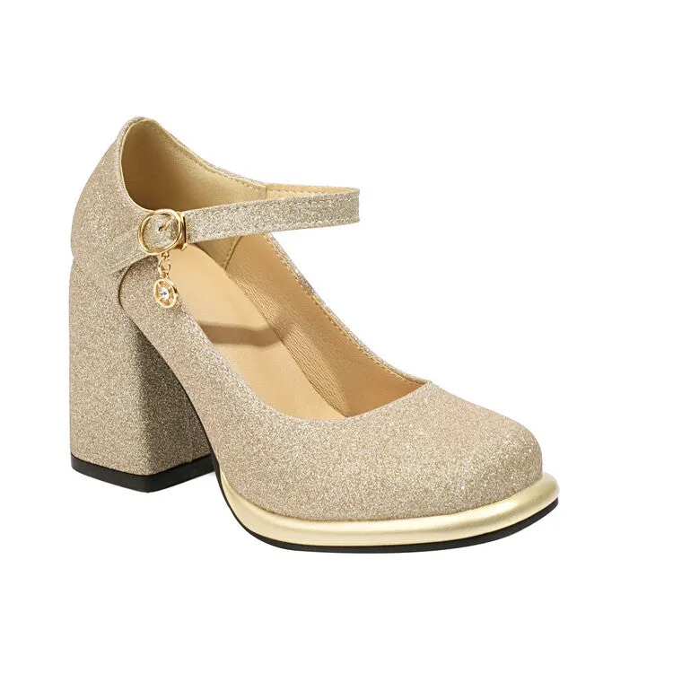 Women's Sequins Square Toe Shallow Mary Janes Block Chunky Heel Platform Pumps
