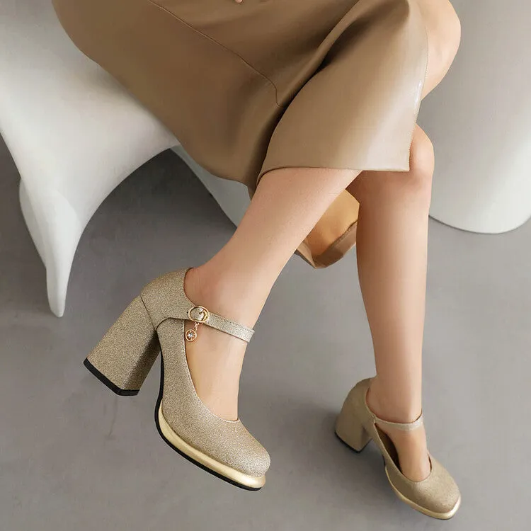 Women's Sequins Square Toe Shallow Mary Janes Block Chunky Heel Platform Pumps