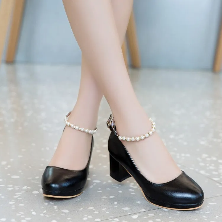 Women's Shallow Pearls Ankle Strap Block Heel Platform Pumps