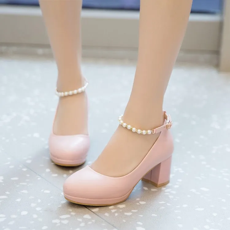 Women's Shallow Pearls Ankle Strap Block Heel Platform Pumps